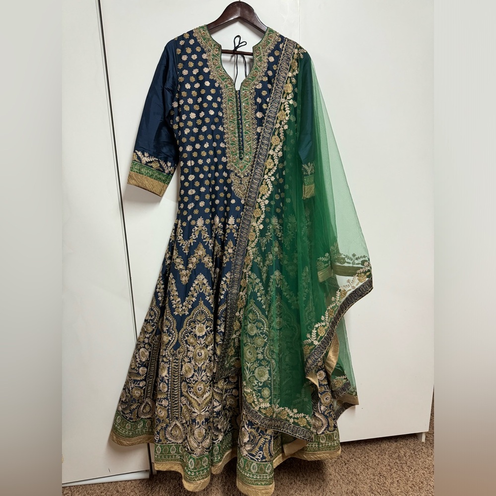 Elegant Navy and Green Embroidered Indian Anarkali Dress